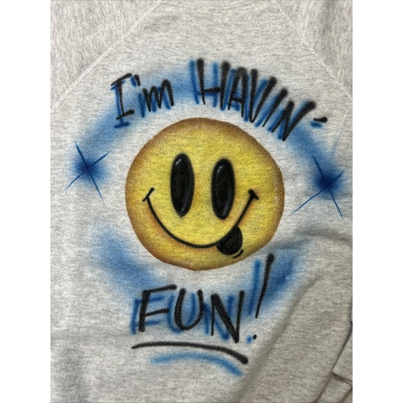 Vintage 90s Smilely Face Pullover Sweatshirt I'm Havin Fun Men's Size Large Gray - Picture 1 of 12